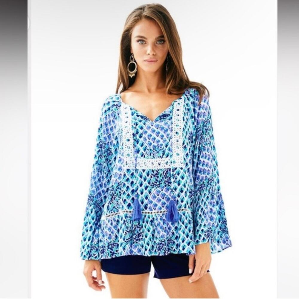 Lilly Pulitzer Amisa Tunic Top Bell Sleeve Crochet Trim Boho Flowy Top Small - Picture 11 of 11